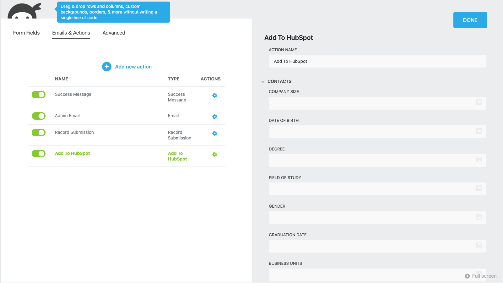 image of HubSpot action in the Ninja Forms builder
